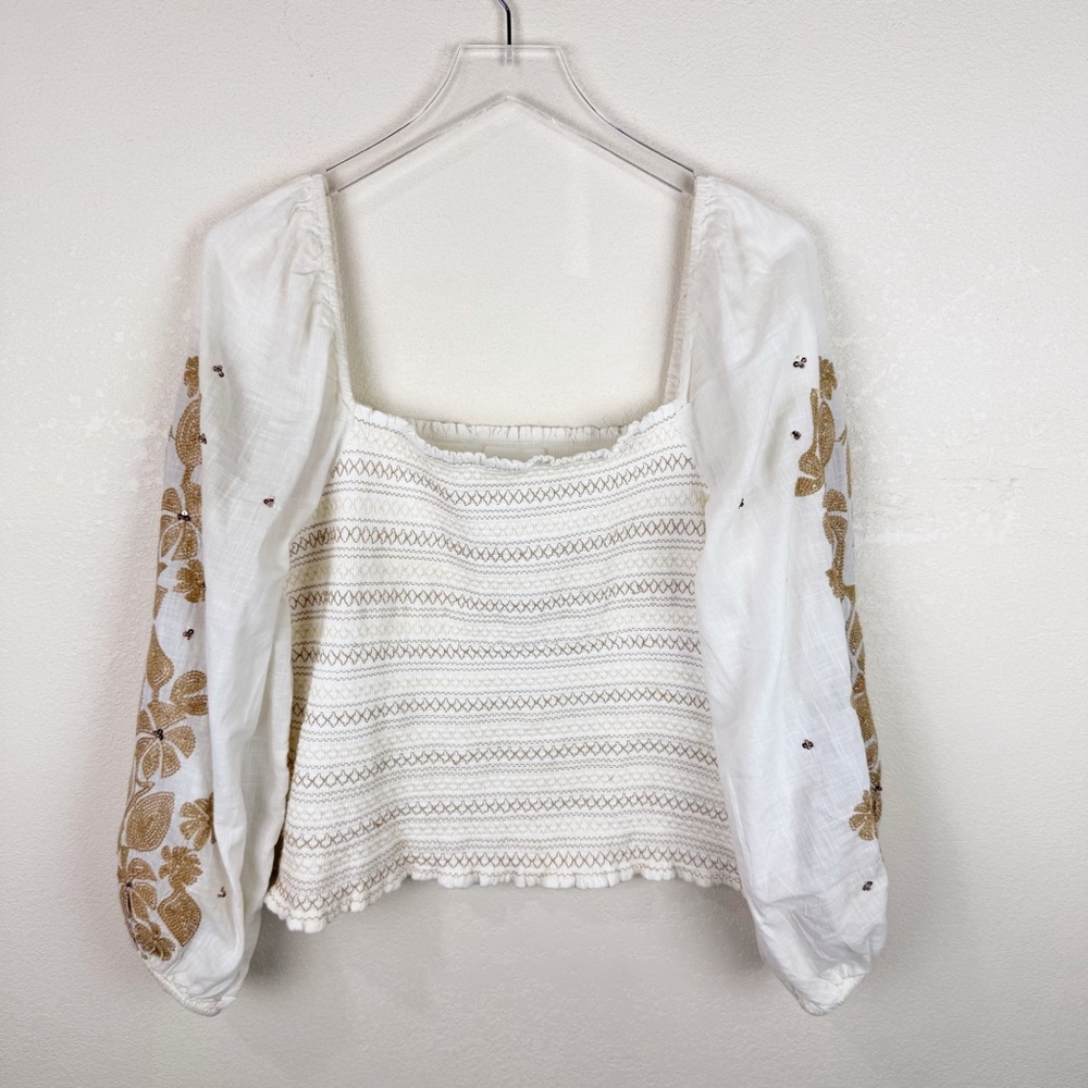 Anthropologie White and Gold Embroidered Blouse